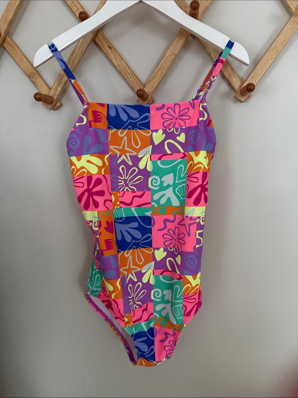 Old Navy Girls Size 10 L One Piece Swimsuit Colorful Patchwork Tropical Floral